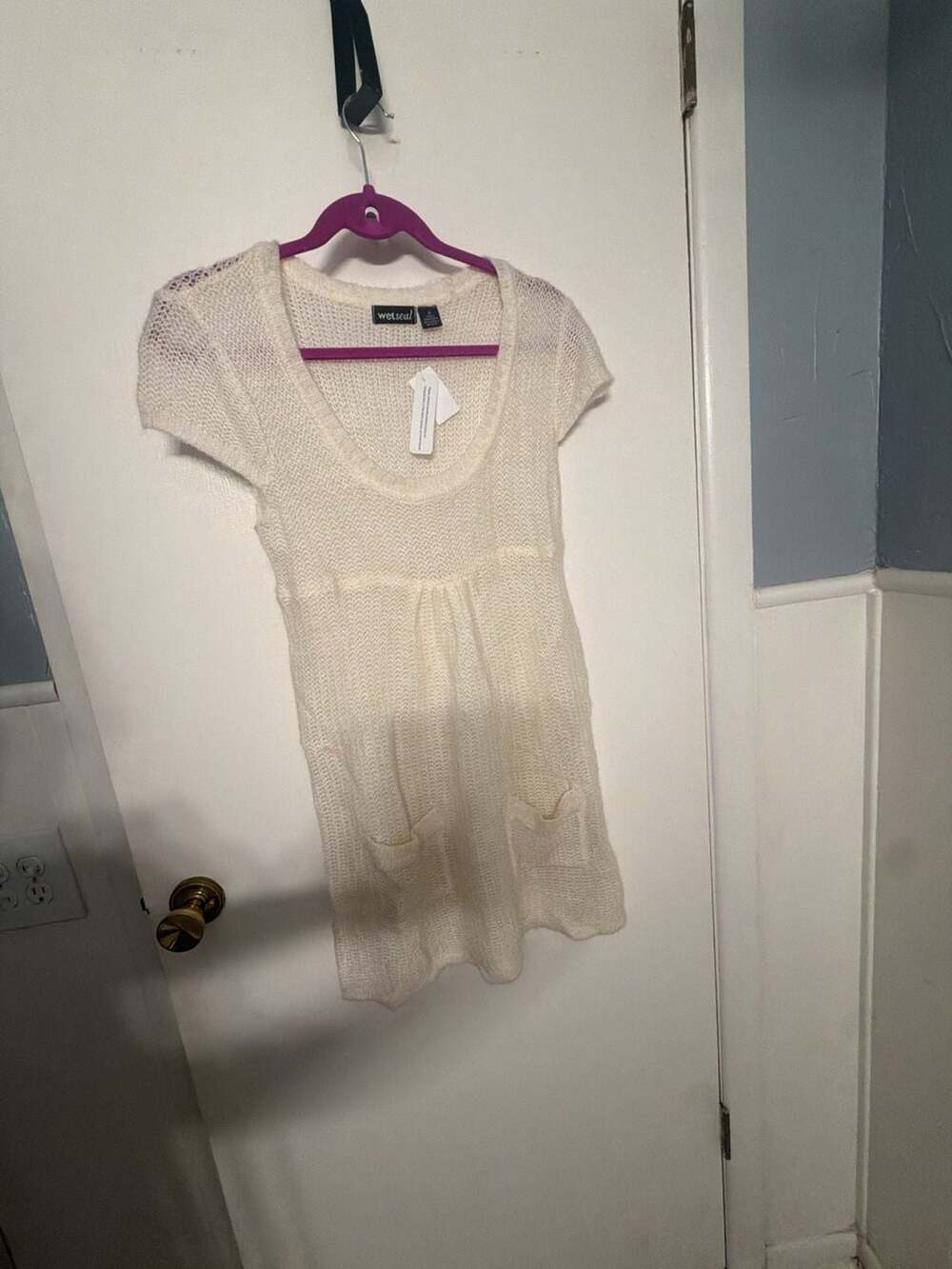 Wet Seal Sweater Size M White Tuck Stitch Top Pocket Y2K